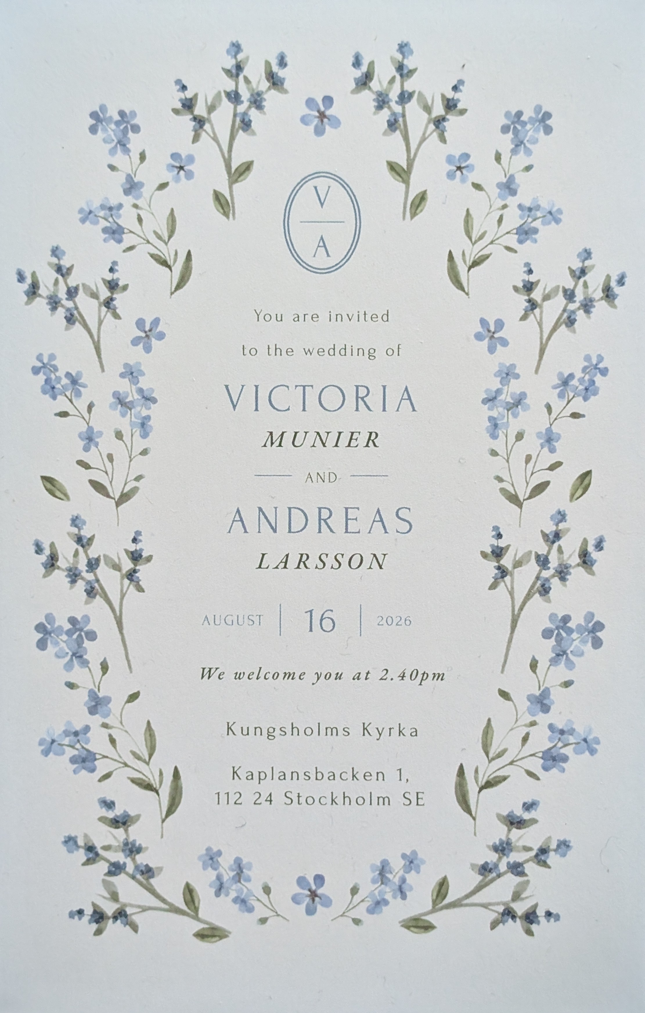 Victoria Munier and Andreas Larsson — Wedding Invitation, 16 August 2026